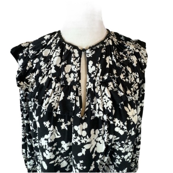 ZARA Black & White Floral Blouse Keyhole Neck w/Elastic Button Fastener, Size M. - Picture 5 of 11